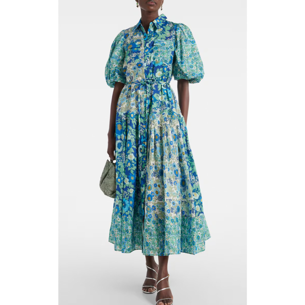 ALEMAIS Sacha Shirt Dress Midi Floral Blue Cotton Resort Button Front 8